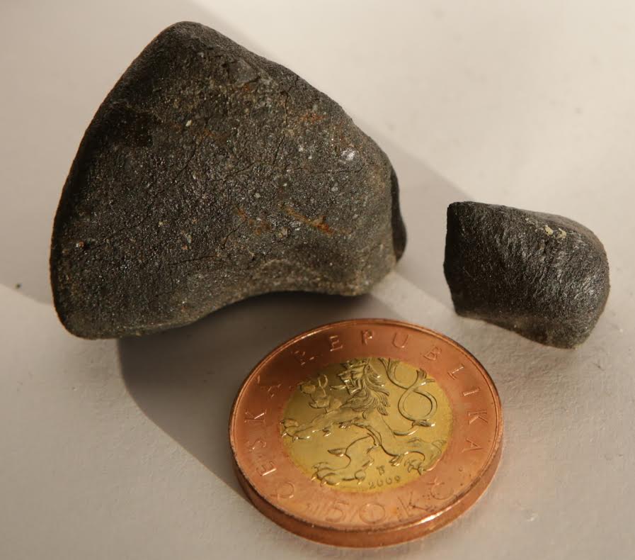 The two found meteorites, 39.3 g (left) and 5.6g (right) photo credit: Pavel Spurný