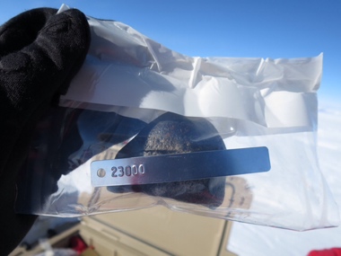 A meteorite in a collection bag tagged 23000 / photo: ANSMET / Case Western Reserve University